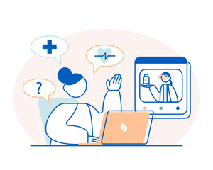 Doctor leads video conference. Female worker sitting at table, talking with medical workers about medicine. Nurse giving online consultation, prescribes treatments. Vector flat illustration