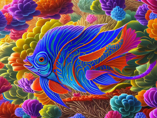 Painting captures the exquisite beauty of blue patterned fish gracefully gliding through a mesmerizing underwater world adorned with stunning coral formations, creating a harmonious.