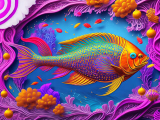 Painting showcases a breathtaking display of vibrant and colorful fish swimming amidst a stunning coral reef in various shades of pink.