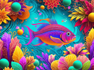 Obraz na płótnie Canvas Painting depicts a majestic purple fish swimming gracefully amidst a vibrant coral reef, showcasing the mesmerizing beauty of the underwater world.