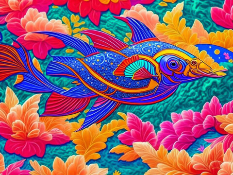 Painting depicts a magnificent blue fish adorned with an array of intricate and captivating patterns, creating a visually stunning composition.