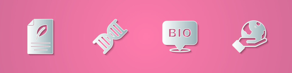 Set paper cut Eco paper with leaf, DNA symbol, Bio healthy food and Hand holding Earth globe icon. Paper art style. Vector