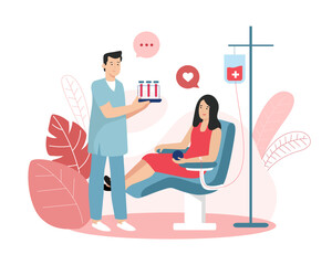 Beautiful lady sitting in chair and donating blood, doctor standing near and holding flask with blood. Volunteering organization members. Lifesaving impact of blood. Vector flat illustration