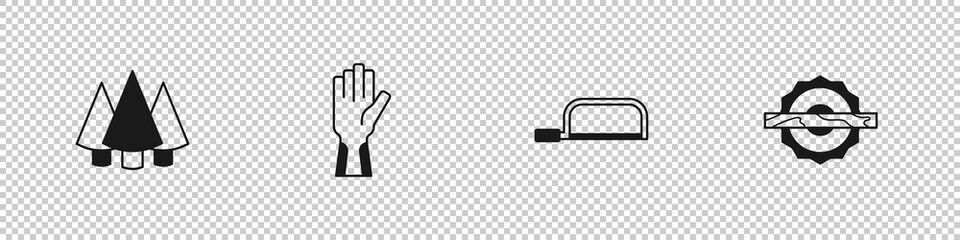 Set Christmas tree, Protective gloves, Hacksaw and Electric circular icon. Vector