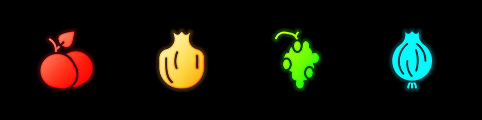 Set Mango fruit, Pomegranate, Grape and Garlic icon. Vector