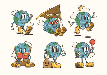 Set of Traditional Cartoon globe earth planet Illustration with a Vintage Touch