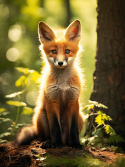Naklejka na ściany i meble Cute baby fox in the summer forest