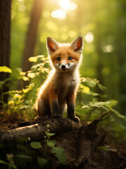 Naklejka na ściany i meble Cute baby fox in the summer forest