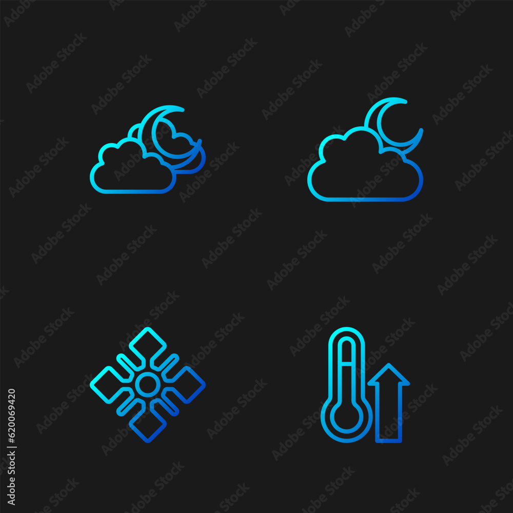 Poster set line meteorology thermometer, snowflake, cloud with moon and . gradient color icons. vector