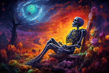 skeleton sitting in a beautiful autumn fantasy painting, colorful abstract art - obrazy, fototapety, plakaty