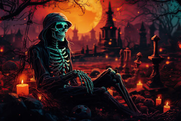 scary halloween skeleton monster sitting in a graveyard with candles, horror art
