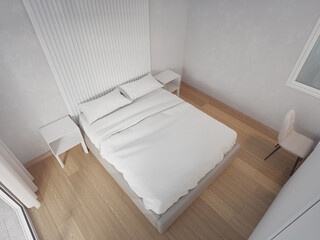 Fototapeta na wymiar Bed on parquet floor of bright bedroom. Minimal home interior 3d rendering in modern house.