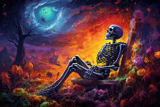 skeleton sitting in a beautiful autumn fantasy painting, colorful abstract art