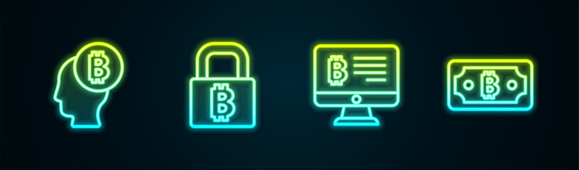 Set line Bitcoin think, Lock with bitcoin, Mining from monitor and Cryptocurrency. Glowing neon icon. Vector