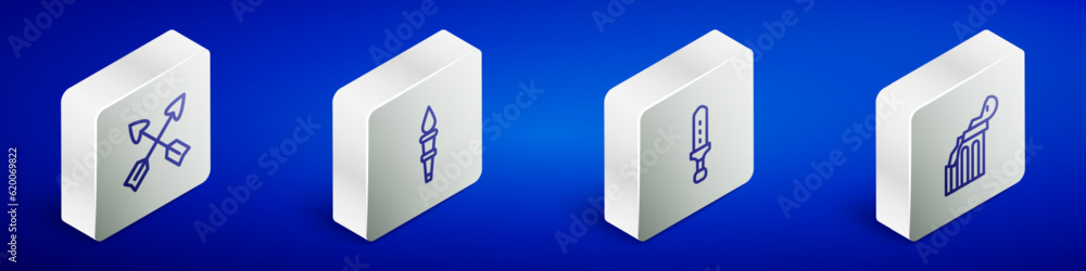 Poster set isometric line crossed arrows, torch flame, medieval sword and broken ancient column icon. vecto