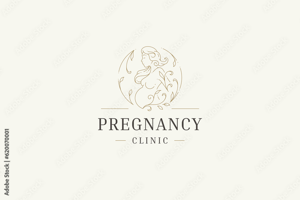 Wall mural pregnant woman tummy floral filigree curved golden minimal line logo design template vector