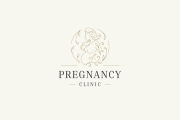 Pregnant woman tummy floral filigree curved golden minimal line logo design template vector