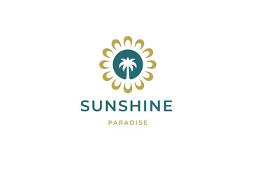 Fototapeta premium Palm tree paradise in bright sun flower minimal logo design template for travel service vector