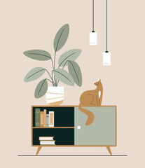 Minimalist cozy Living room interior with bookshelf, cat and plant. Vector illustration. Modern interior design. Sustainable lifestyle