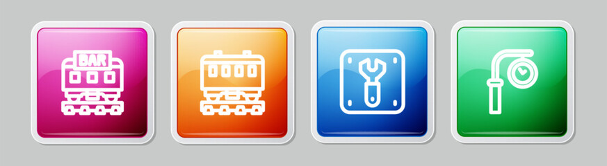 Set line Restaurant train, Passenger cars, Repair of railway and Train station clock. Colorful square button. Vector
