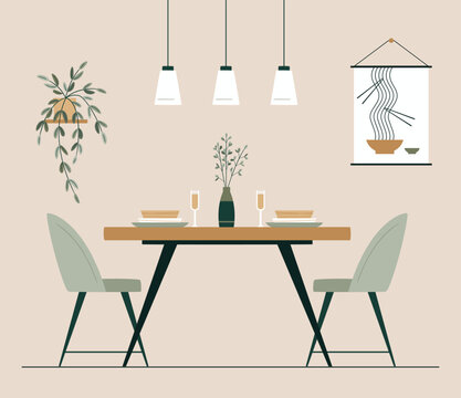 Dining Area in the kitchen or living room with table, chairs, picture and plants. Vector illustration. Modern interior design. Sustainable lifestyle. Romantic dinner for a couple