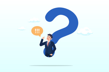 Determination businessman comes out from question mark sign to answer question, answer business question, determination or sill and decision to solve problem, FAQ frequently asked questions (Vector)