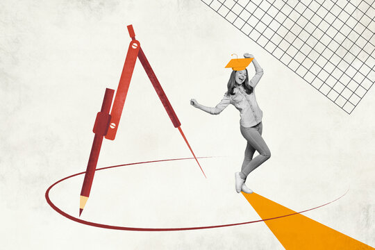 Creative 3d photo collage painting of happy smiling little schoolkid finish learning geometry isolated white color background