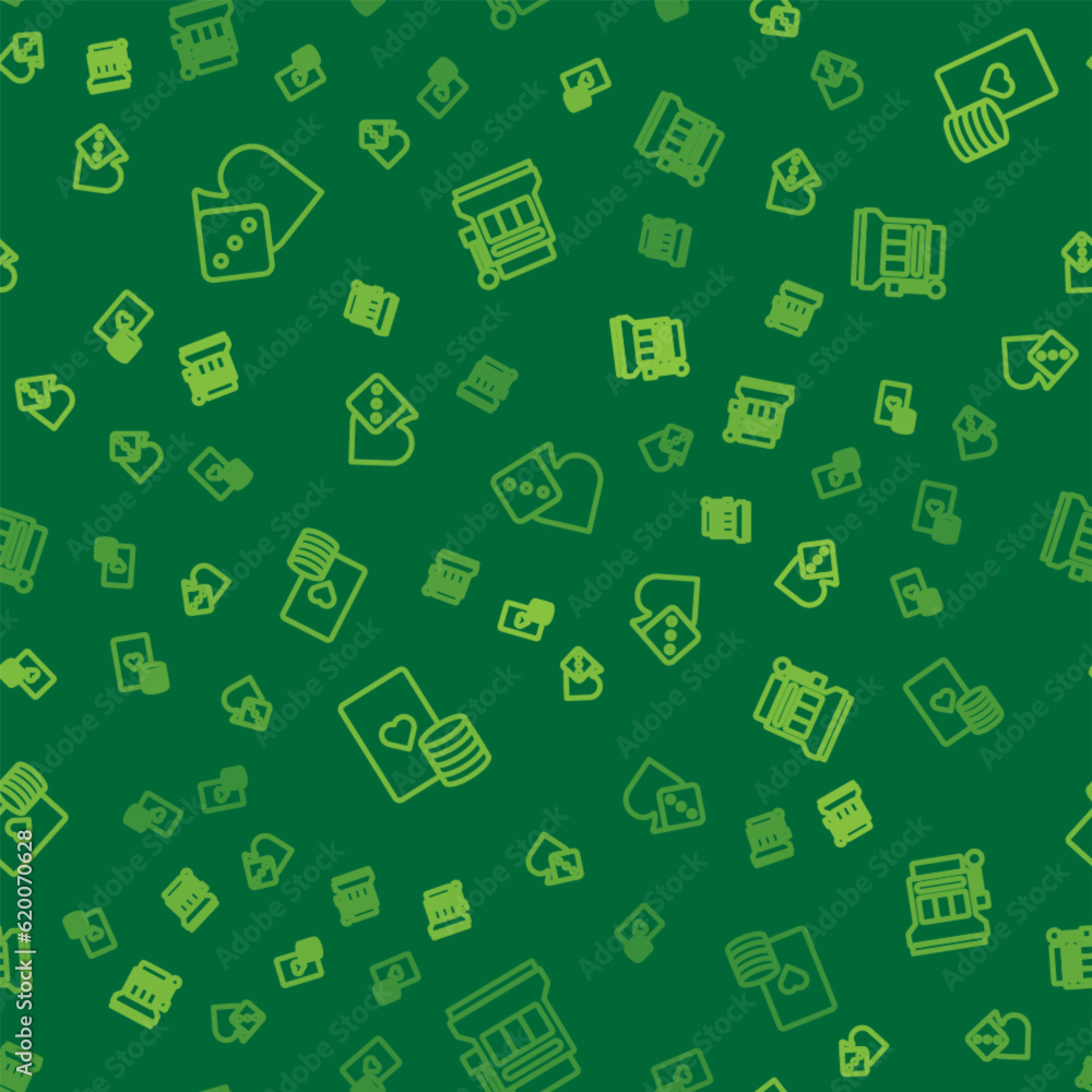 Poster set line game dice, casino chip and playing cards and slot machine on seamless pattern. vector