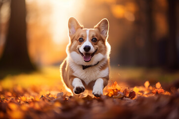The dog walks in the autumn forest. dog in yellow leaves. Generative ai
