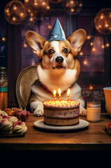 Corgi with birthday cake and candles. Dog has a birthday. Generative ai