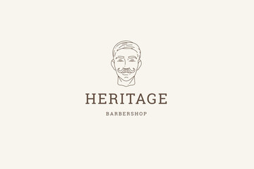 Stylish man portrait mustache fashion hairstyle barbershop minimal line logo design template vector