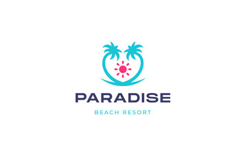 Paradise beach resort island palm tree sun summer travel vacation agency logo design template vector