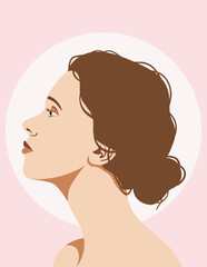 Vector woman portrait, female face profile illustration, hair in a bun, natural beauty, pastel