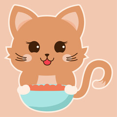 Cat with a full bowl of food sticker. Vector illustration