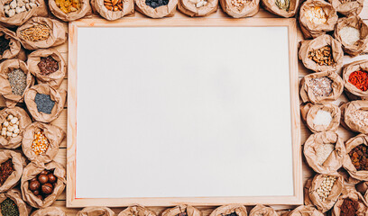 Spices background. Food. Spices. Ingredients. Photo. Background. Wooden table. 
