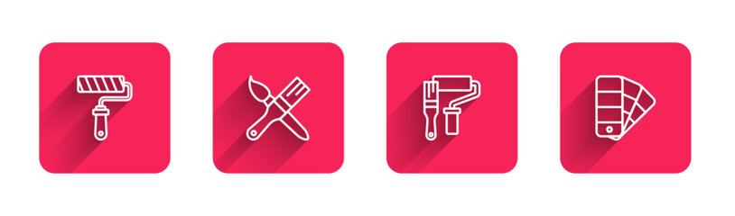 Set line Paint roller brush, and Color palette guide with long shadow. Red square button. Vector