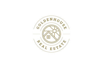 Real estate agency property rent sell countryside house sun golden line logo design template vector