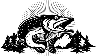 Fototapeta premium Pike fishing emblem in monochrome style. Pike fish isolated on white background