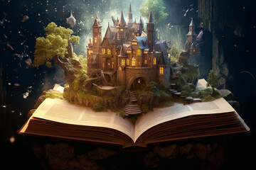 World book day, fantasy, and leisure concept. 3D style Illustration of magical book with fantasy stories inside it. Generative AI