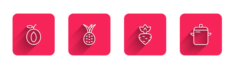 Set line Plum fruit, Pineapple, Turnip and Cooking pot with long shadow. Red square button. Vector