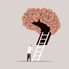 Conceptual illustration of a medical professional entering the human brain with the help of a ladder - obrazy, fototapety, plakaty