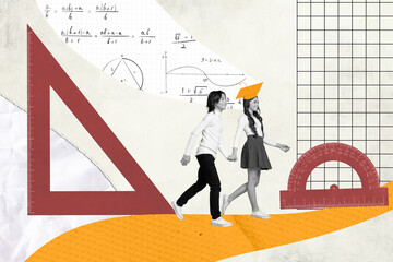 Sketch collage banner of two classmates love story studying hands together prepare algebra test buy...