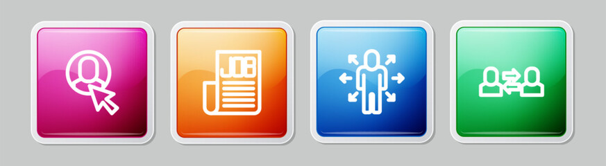 Set line Worker, Search job, Multitasking manager working and Exchange. Colorful square button. Vector