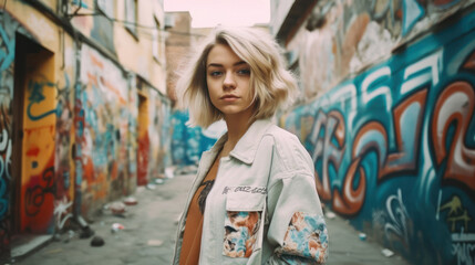 Naklejka premium Young beautiful woman looking at the camera. The background is old buildings with graffiti on the wall