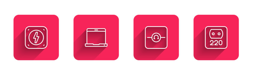 Set line Lightning bolt, Laptop, Ohmmeter and Electrical outlet with long shadow. Red square button. Vector