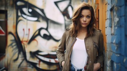 Naklejka premium Young beautiful woman looking at the camera. The background is old buildings with graffiti on the wall