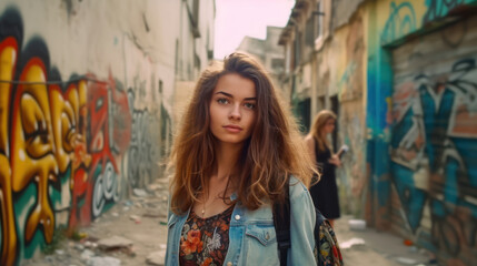 Naklejka premium Young beautiful woman looking at the camera. The background is old buildings with graffiti on the wall
