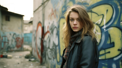 Fototapeta premium Young beautiful woman looking at the camera. The background is old buildings with graffiti on the wall
