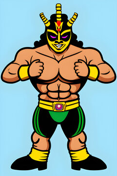 Image of a cartoon Mexican wrestler wearing a mask. (AI-generated fictional illustration)
