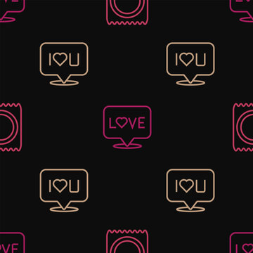 Set line Condom in package, Speech bubble text I love you and Love on seamless pattern. Vector